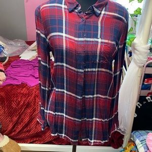 Juniors Pink Rose size L red and Blue Plaid Flannel shirt